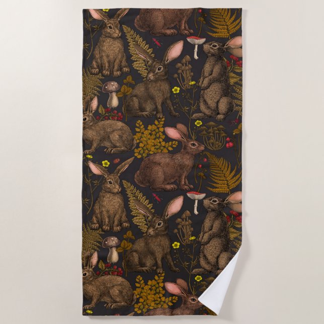 Rabbits and woodland flora 3 Beach Towel (Front)