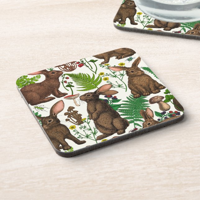 Rabbits and woodland flora 4 coaster (Left Side)