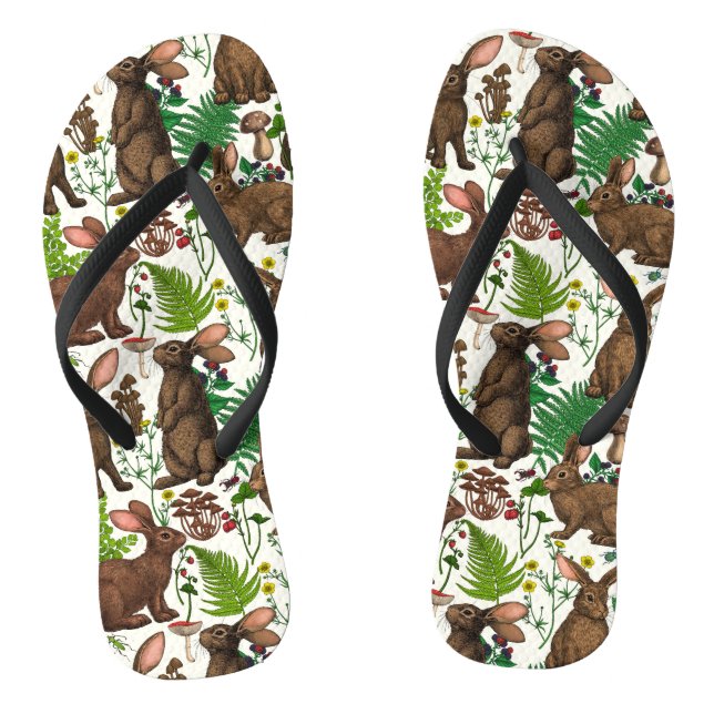 Rabbits and woodland flora 4 flip flops (Footbed)