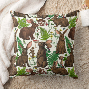Rabbits and woodland flora 4 throw pillow