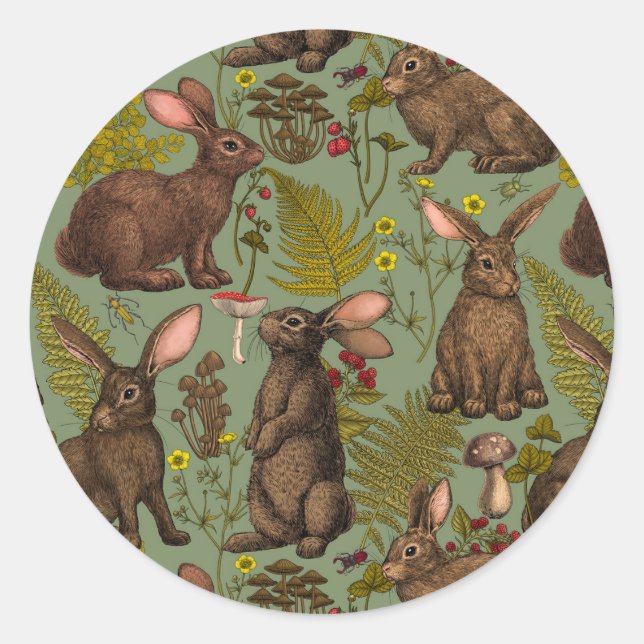Rabbits and woodland flora Classic Round Sticker (Front)