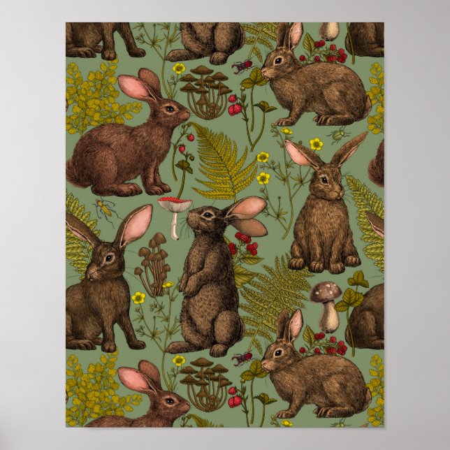 Rabbits and woodland flora Poster (Front)