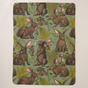 Rabbits and woodland flora Sherpa Blanket
