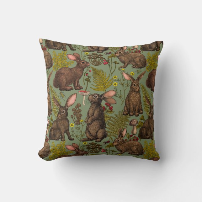 Rabbits and woodland flora Throw Pillow (Front)