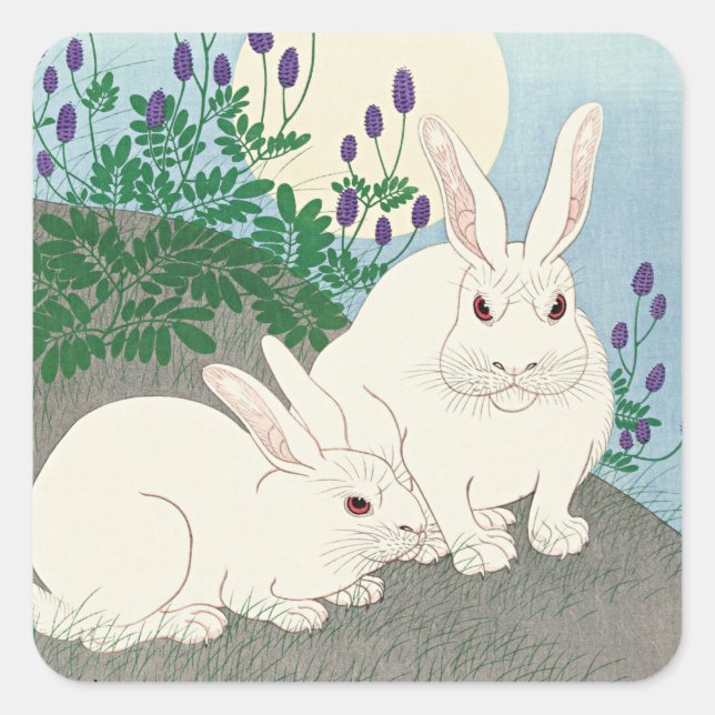 Rabbits at Full Moon by Ohara Koson, Square Sticker (Front)