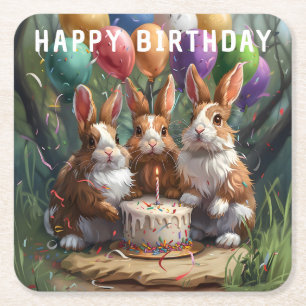 Rabbits Birthday Party Square Paper Coaster