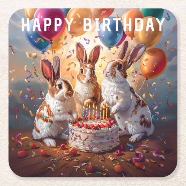 Rabbits Birthday Party Square Paper Coaster (Front)