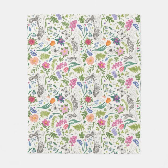Rabbits, Butterflies and Flowers  Fleece Blanket (Front)