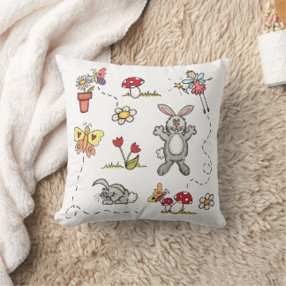 Rabbits, Butterflies, Flowers & Fairy Throw Pillow