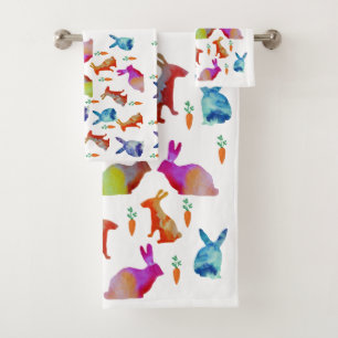 Rabbits Colourful Art , Easter Bath Towel Set