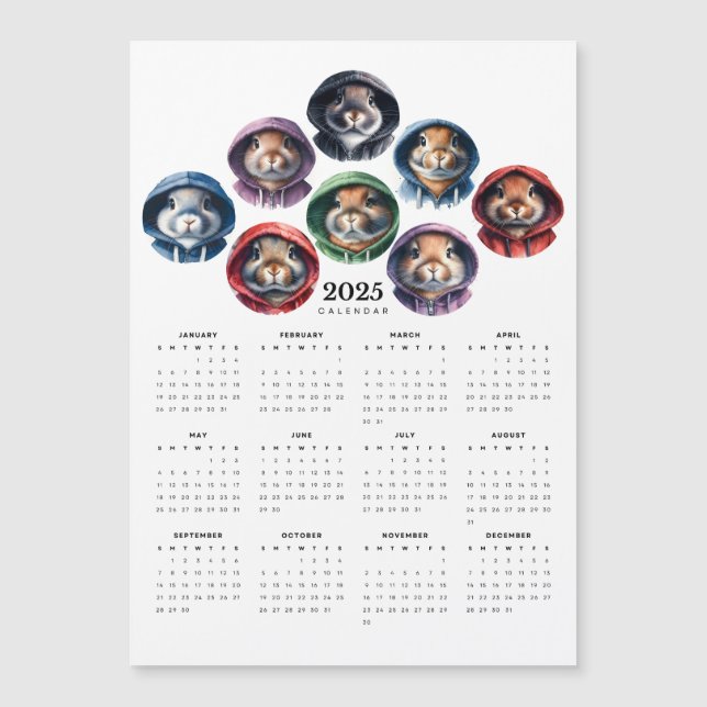 Rabbits Colourful Hoodies Circular Magnet Calendar (Front)