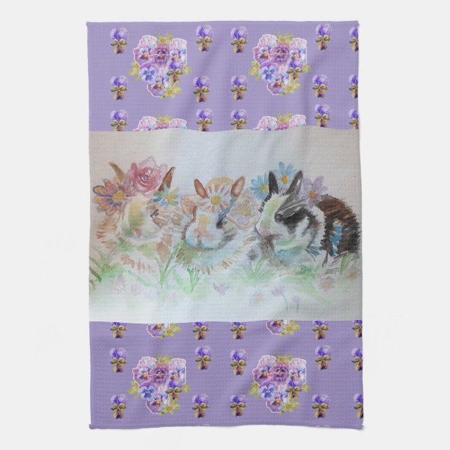 Rabbits Cute Lavender Watercolour Floral Bunny Kitchen Towel (Vertical)