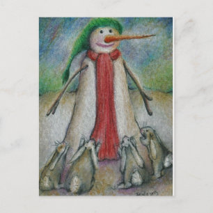 Rabbits desperate to eat snowman's carrot nose! postcard