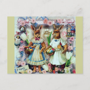 Rabbits Easter Bunnies Victorian Dress Eggs Holiday Postcard