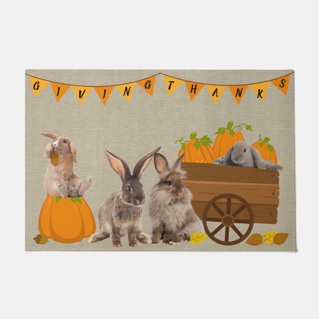 Rabbits Fall Pumpkin Acorn Thanksgiving Doormat (Front)