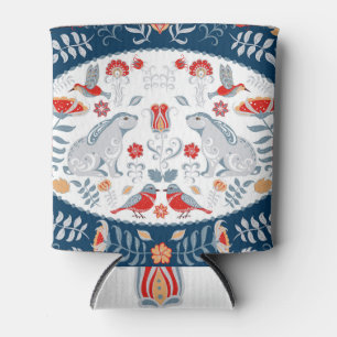 Rabbits, flowers: folk art banner. can cooler