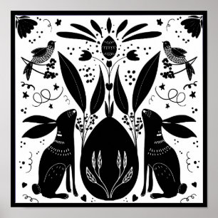 Rabbits Folk Art Block Print Design Post B&/W