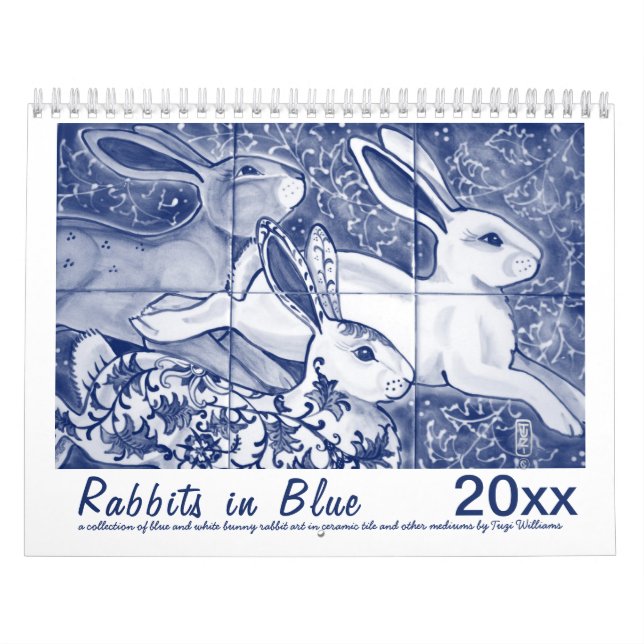 Rabbits in Blue Rabbit Bunny Tile Original Art Calendar (Cover)