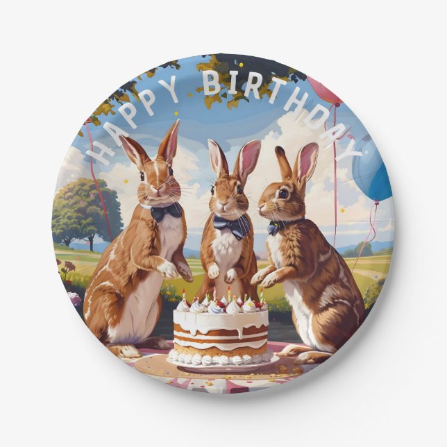 Rabbits In Bow Ties Birthday Party Paper Plate (Front)