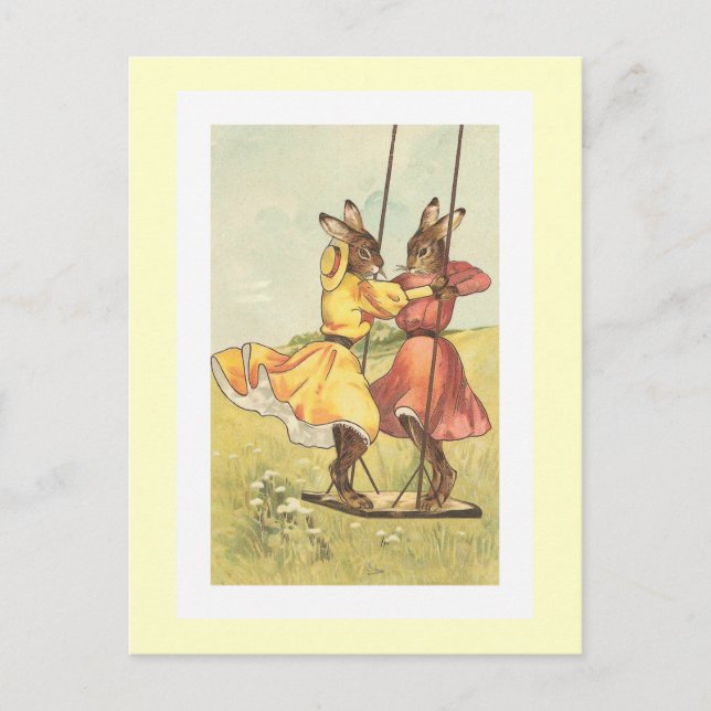 "Rabbits on a Swing" Vintage Easter Holiday Postcard (Front)