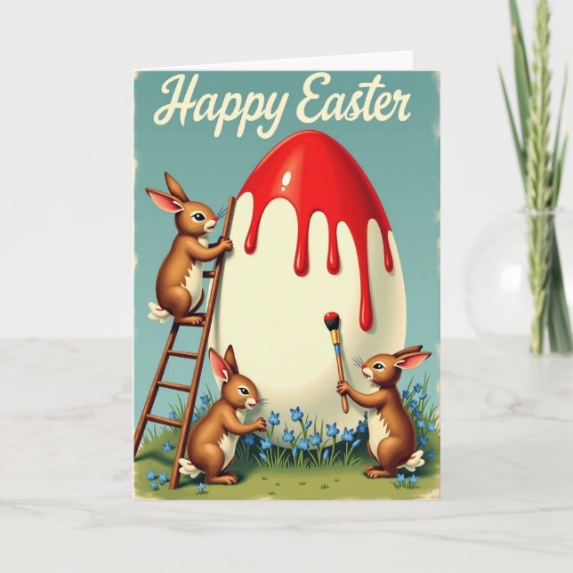 Rabbits Painting Egg Springtime Card (Front)
