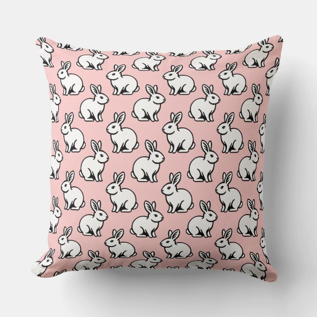Rabbits Pattern - Black and White with Faded Pink Throw Pillow (Front)