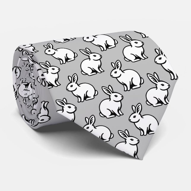 Rabbits Pattern - Black and White with Light Grey Tie (Rolled)