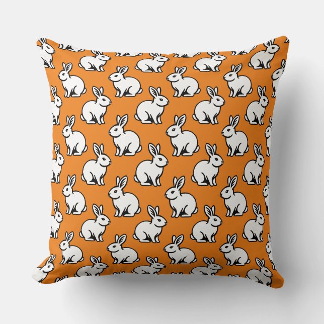 Rabbits Pattern - Black and White with Orange Throw Pillow (Front)