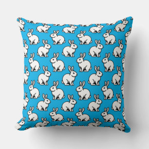 Rabbits Pattern - Black and White with Sky Blue Throw Pillow