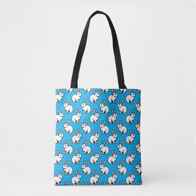 Rabbits Pattern - Black and White with Sky Blue Tote Bag (Front)