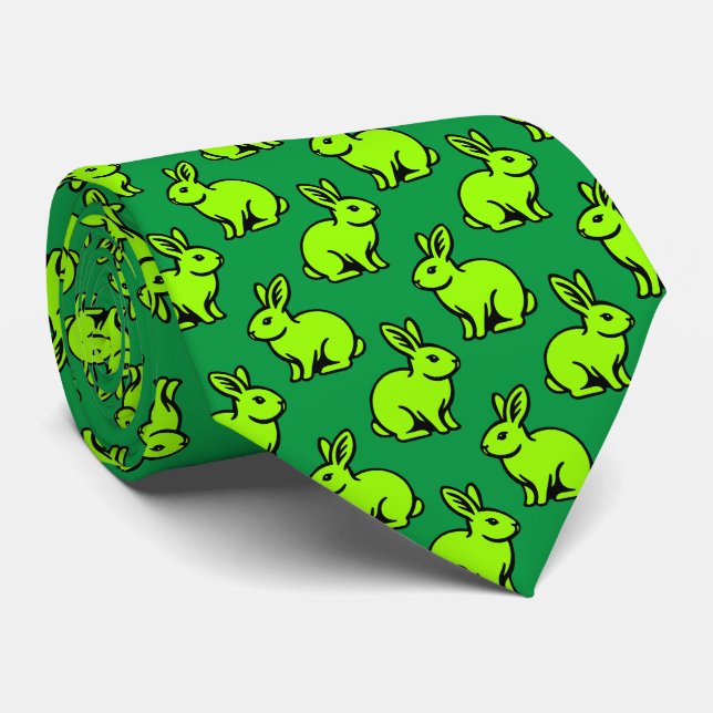 Rabbits Pattern - Chartreus, Black and Kelly Green Tie (Rolled)