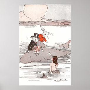 Rabbits Riding Whale Meet Mermaid Poster