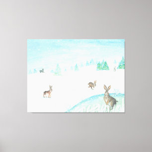 Rabbits Sitting & Jumping On Snow Canvas Print