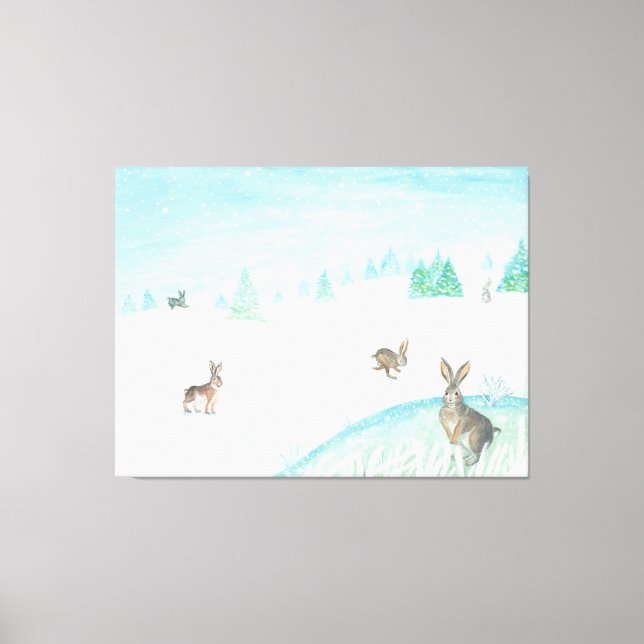 Rabbits Sitting & Jumping On Snow Canvas Print (Front)
