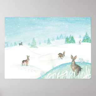 Rabbits Sitting & Jumping On Snow  Poster