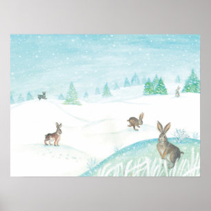 Rabbits Sitting & Jumping On Snow Poster