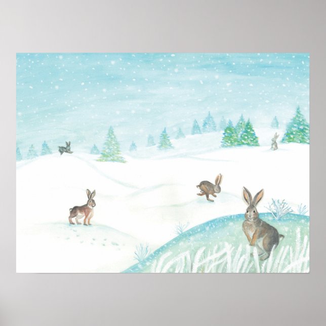 Rabbits Sitting & Jumping On Snow Poster (Front)
