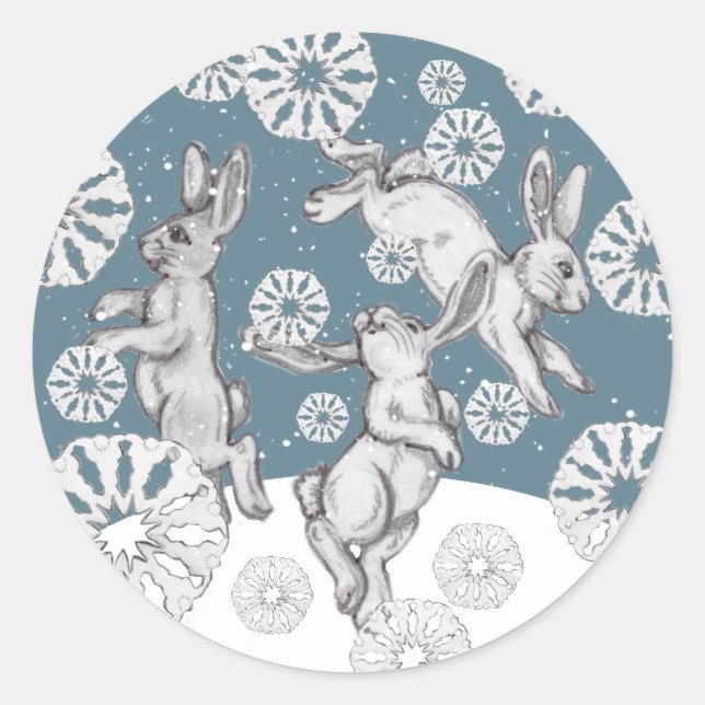 Rabbits & Snowflakes Fun Blue Winter Christmas Art Classic Round Sticker (Front)