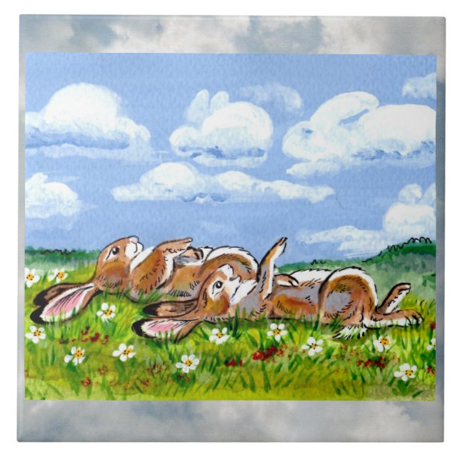 Rabbits Watching Clouds Humourous 6" Tile Trivet (Front)