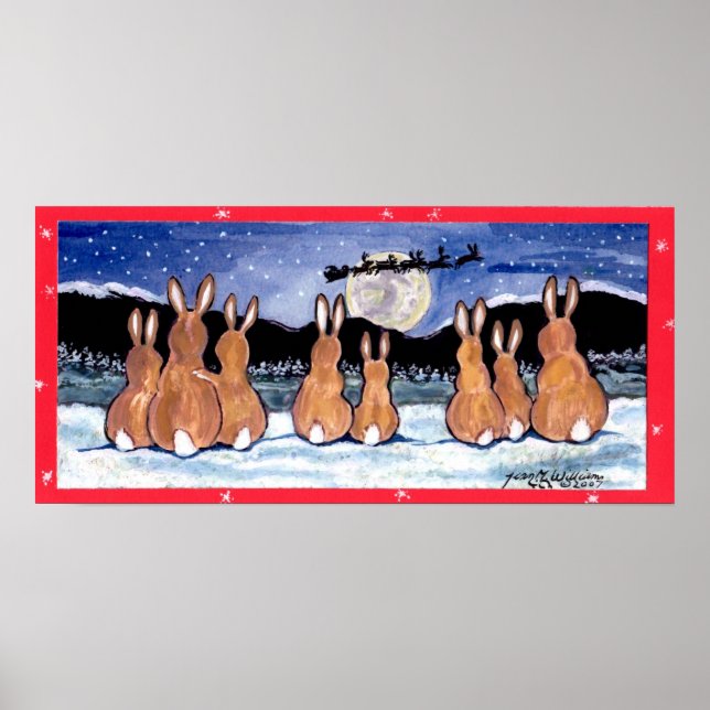 Rabbits Watching Santa Moon Christmas Poster Snow (Front)