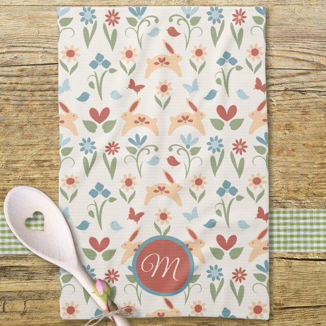 Rabbits Wildflowers Birds Monogram Kitchen Towel (Creator Uploaded)