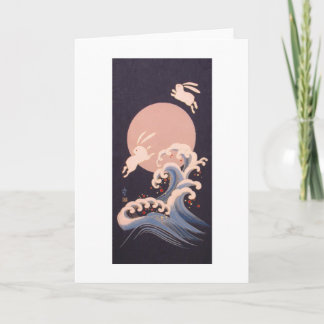 Rabbits with Full Moon and Waves Card