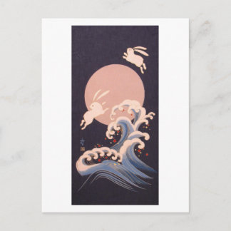 Rabbits with Full Moon and Waves Postcard