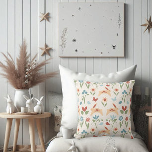 Rabbits with Wildflowers Folk Art Throw Pillow