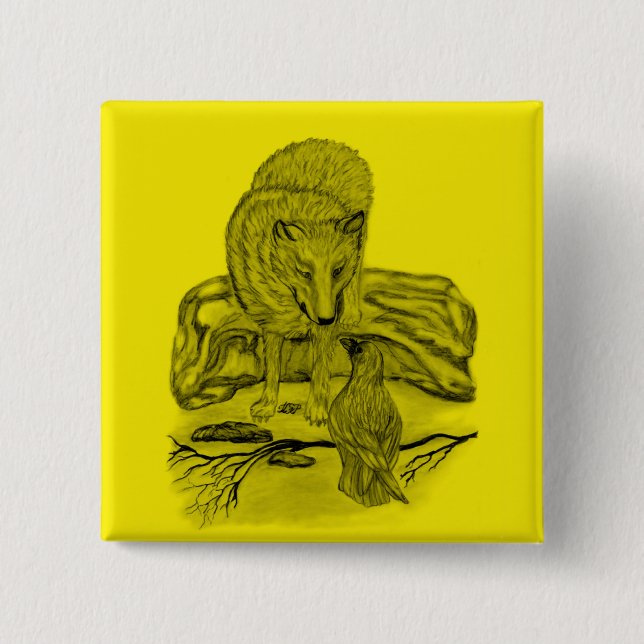 Rabe mit Wolf schwarz gelb Design 2 Inch Square Button (Front)