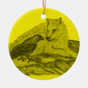 Rabe mit Wolf schwarz gelb Design Ceramic Ornament