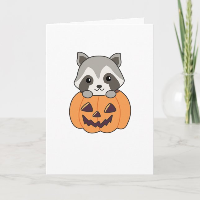 Raccin In Pumpkin Sweet Raccoon Happy Halloween Card (Front)
