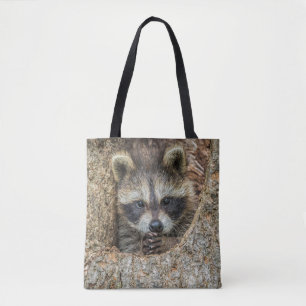 Raccon Nestled Inside a Tree Hollow Tote Bag