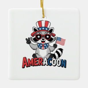 Raccoon Americoon Patriotic 4TH of july America Ceramic Ornament