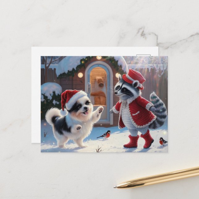 Raccoon and a Cute Dog Festive Christmas Postcard (Front/Back In Situ)